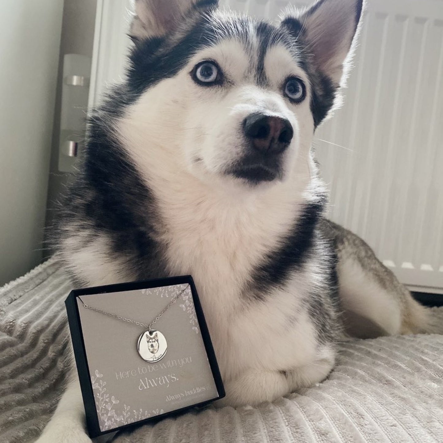 Lifelike Pet Necklace - Always Buddies - A silver and gold necklace with an engraved pendant featuring a detailed image of a cute pet